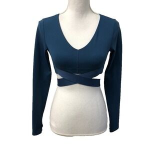 Le Ore Cross Strap Cropped Activewear Top Womens Small Blue Long Sleeve Gym